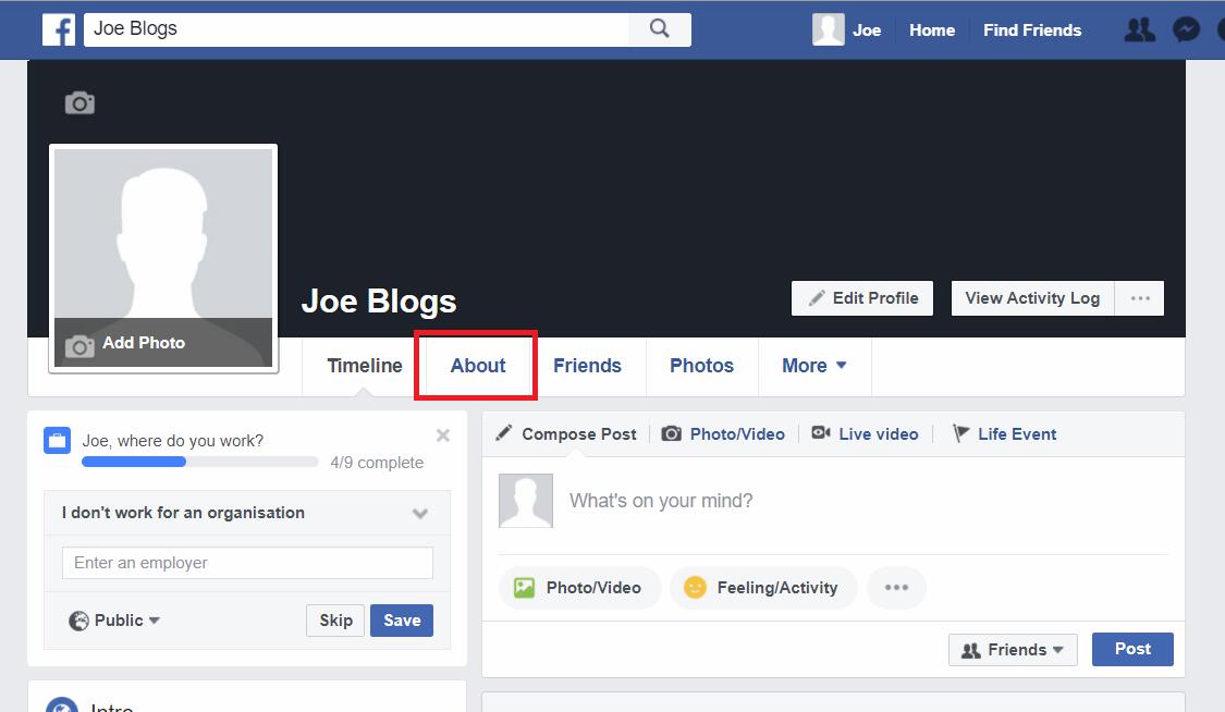 Facebook profile about tab