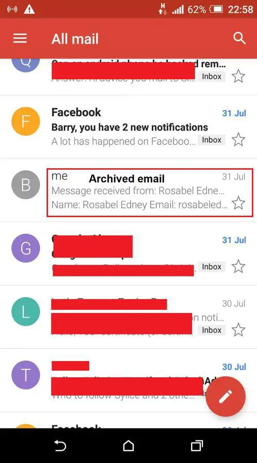 Archived email in Gmail app