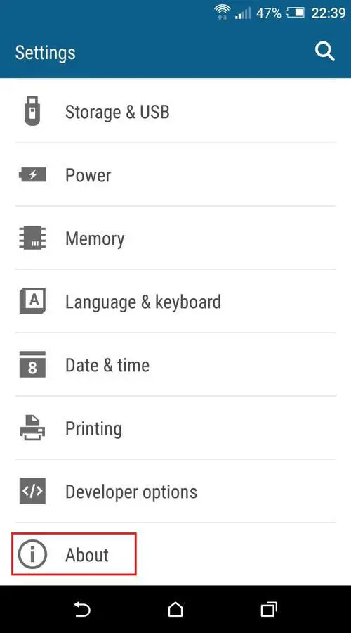 Android settings - about