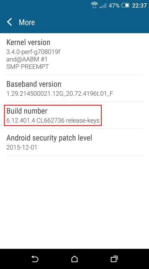 Android settings - build number