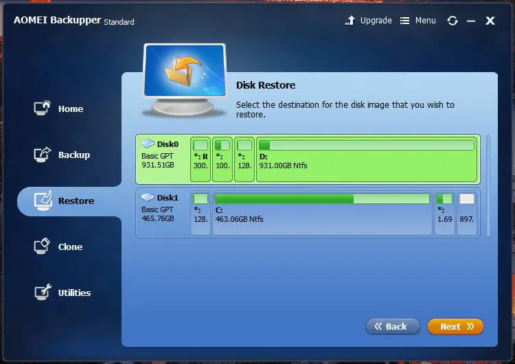 AOMEI Backupper disk restore destination