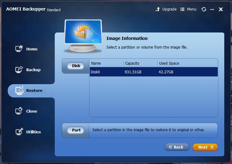AOMEI Backupper partition or volume selection for restore