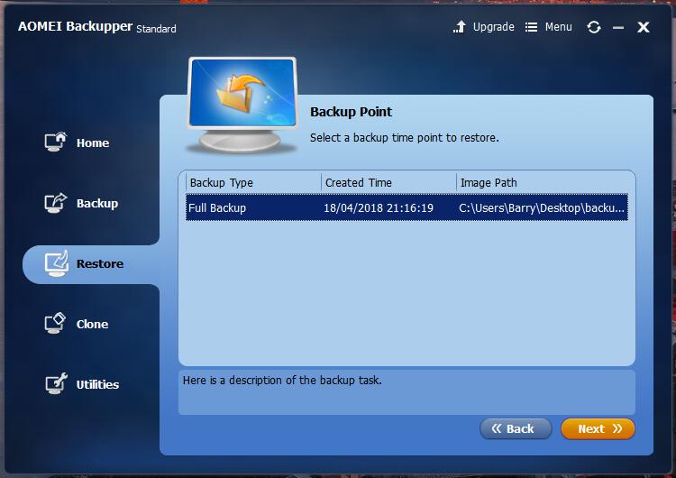 AOMEI Backupper restore point