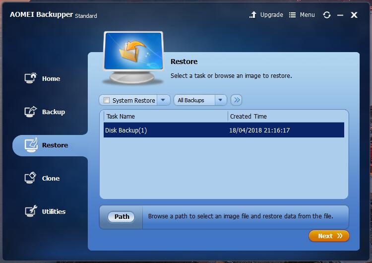 AOMEI Backupper restore tab