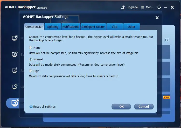 AOMEI Backupper settings compression tab