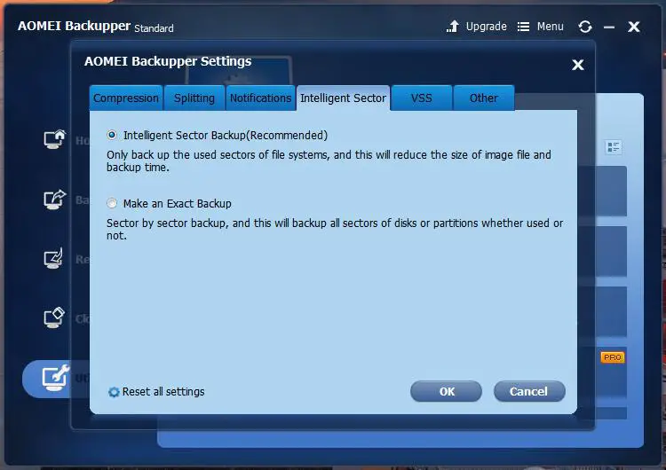 AOMEI Backupper settings intelligent sector tab