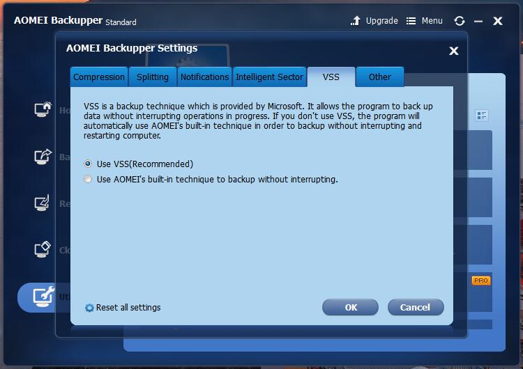 AOMEI Backupper settings VSS tab