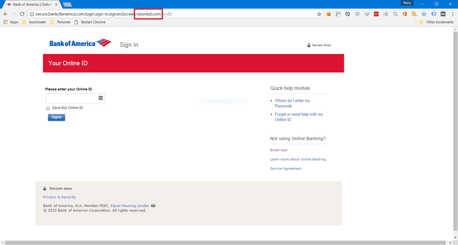 Bank of America phishing site example