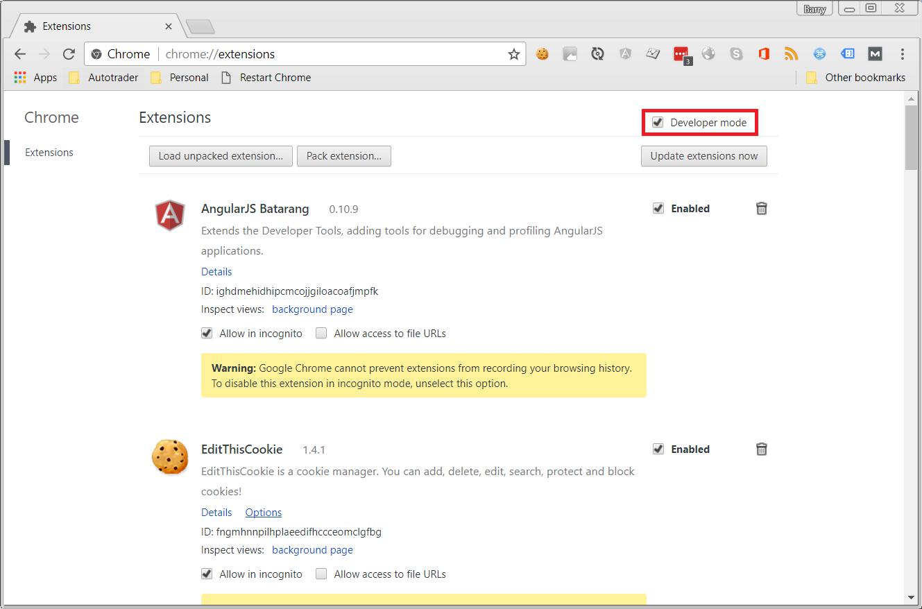 Chrome extensions developer mode
