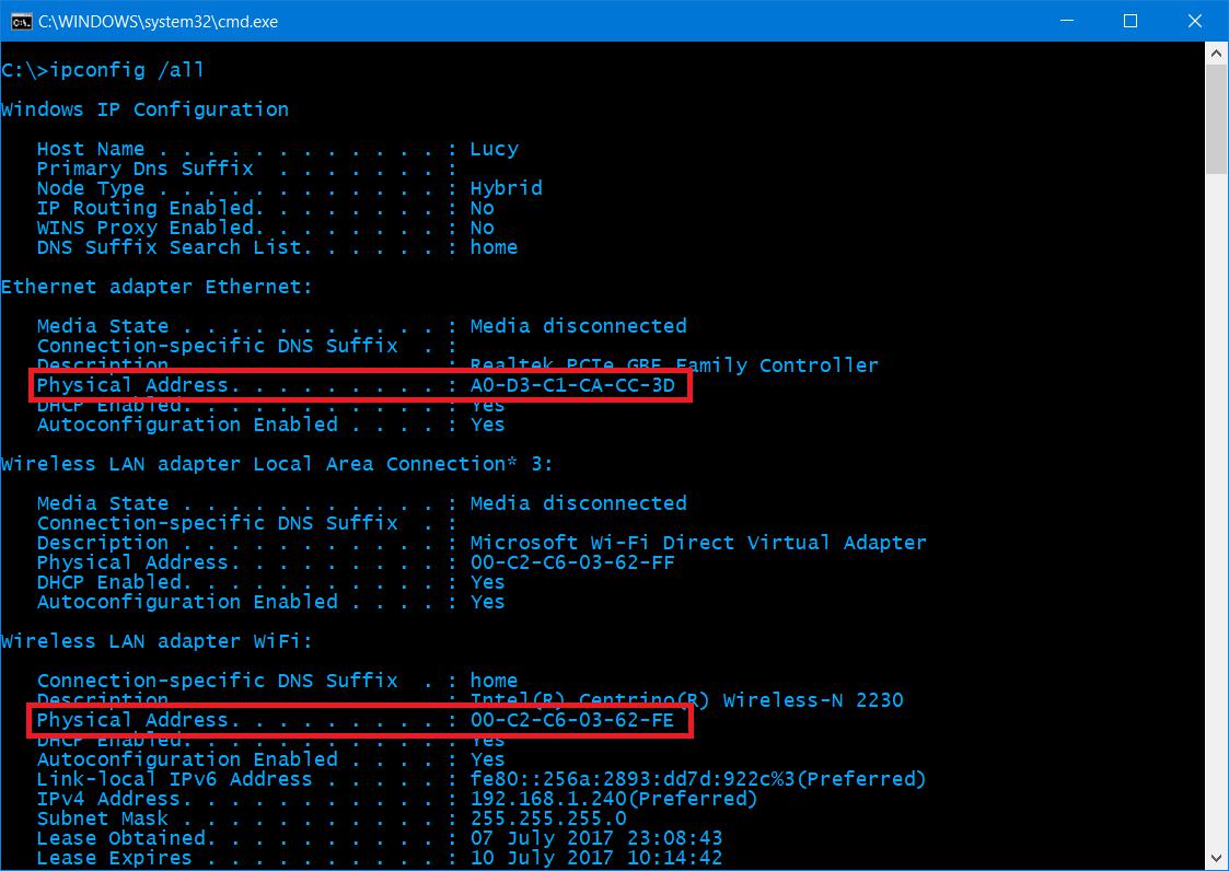 dos command for mac address win10