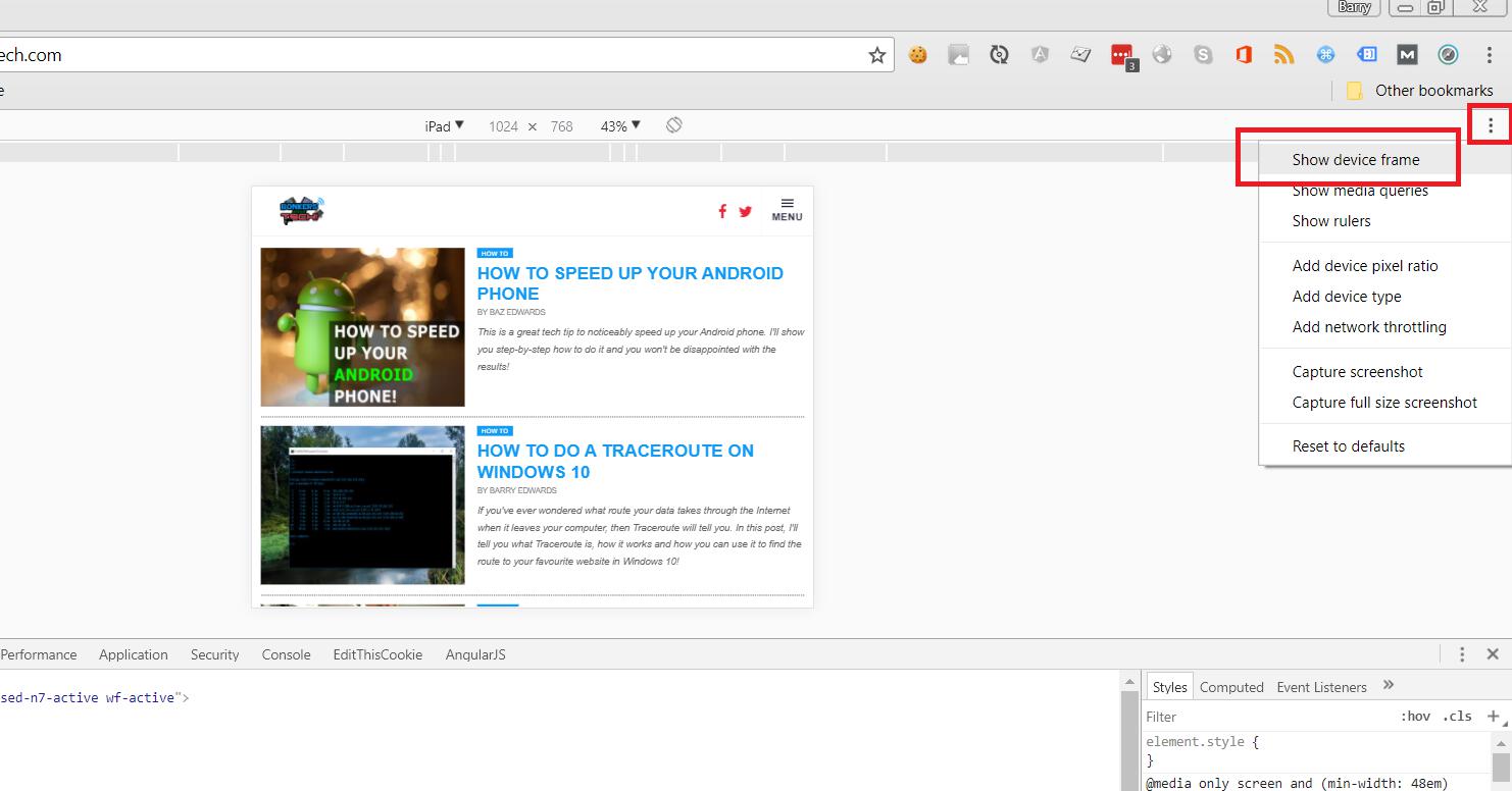 Show device frame in Google Chrome Developer Tools