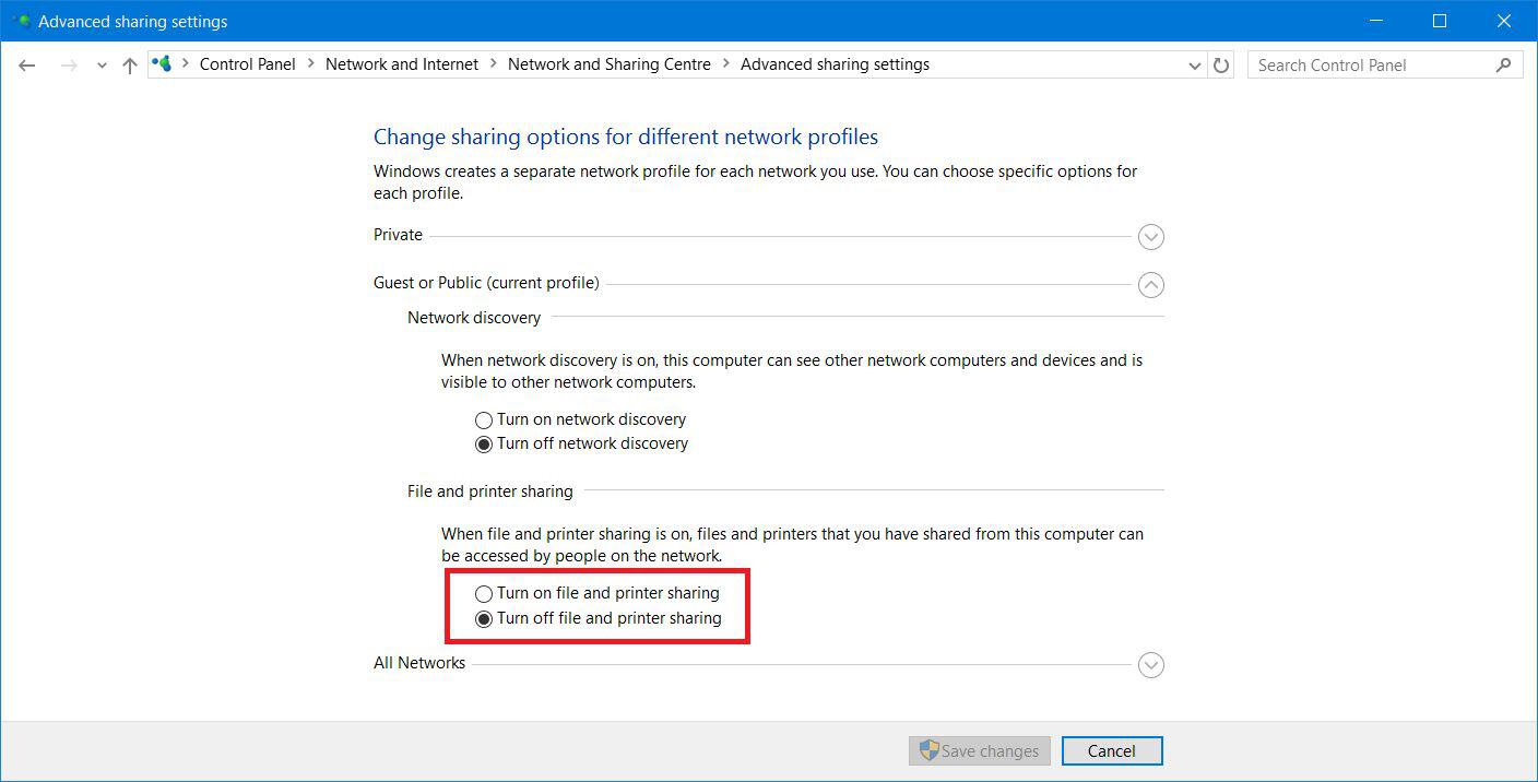 Turn Off Printer Sharing Windows 10 Control Panel