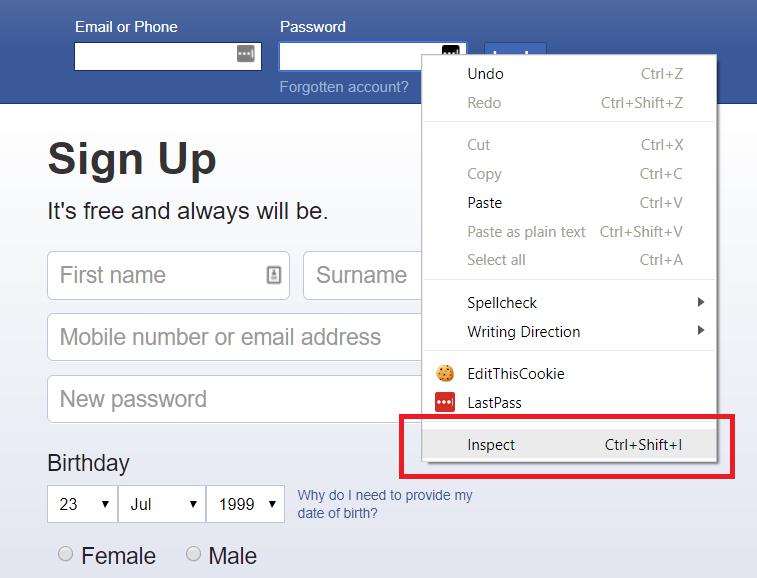 Facebook signin page inspect element