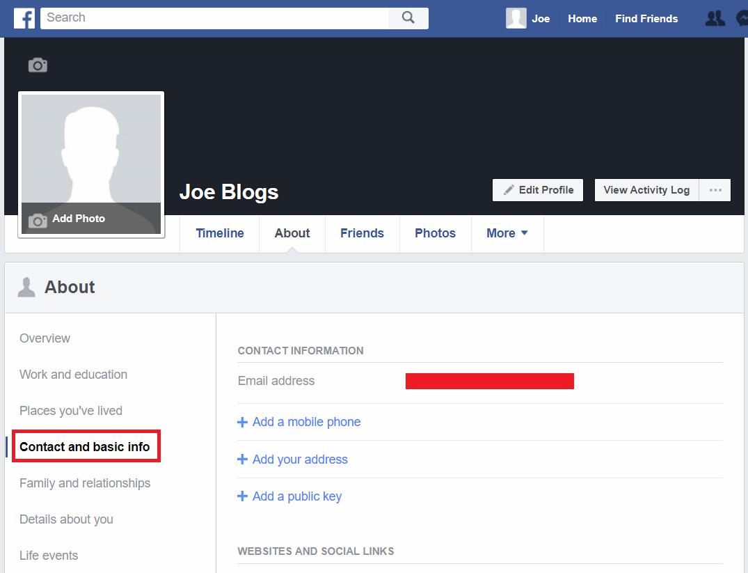 Facebook profile Contact and basic info