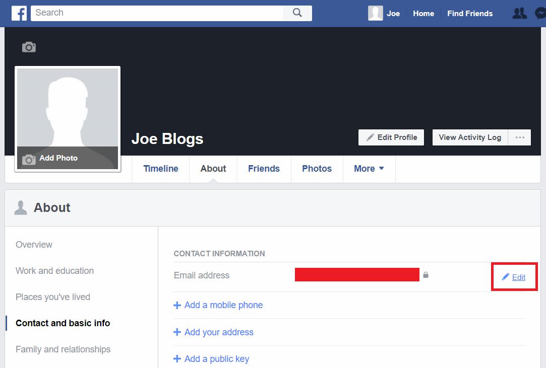 Facebook profile edit email button