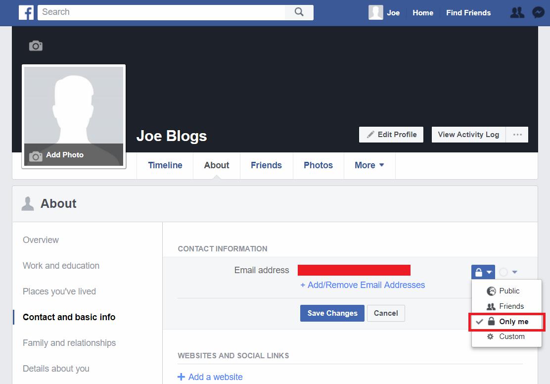 Facebook profile email visibility