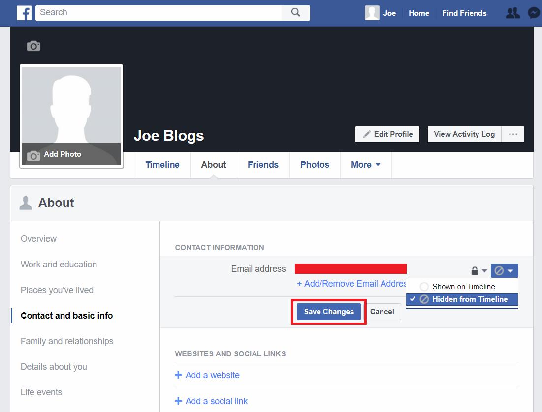 Facebook profile remove email address from timeline