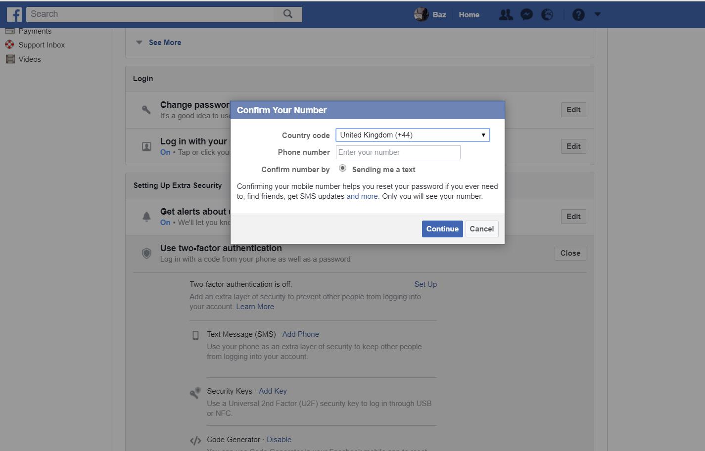 Facebook settings - confirm number