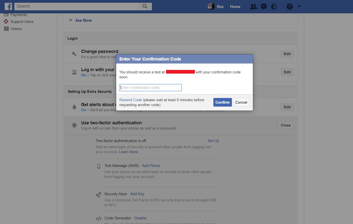 Facebook settings - enter two factor code