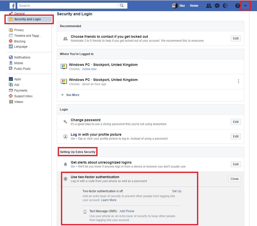 Facebook settings - security and login 