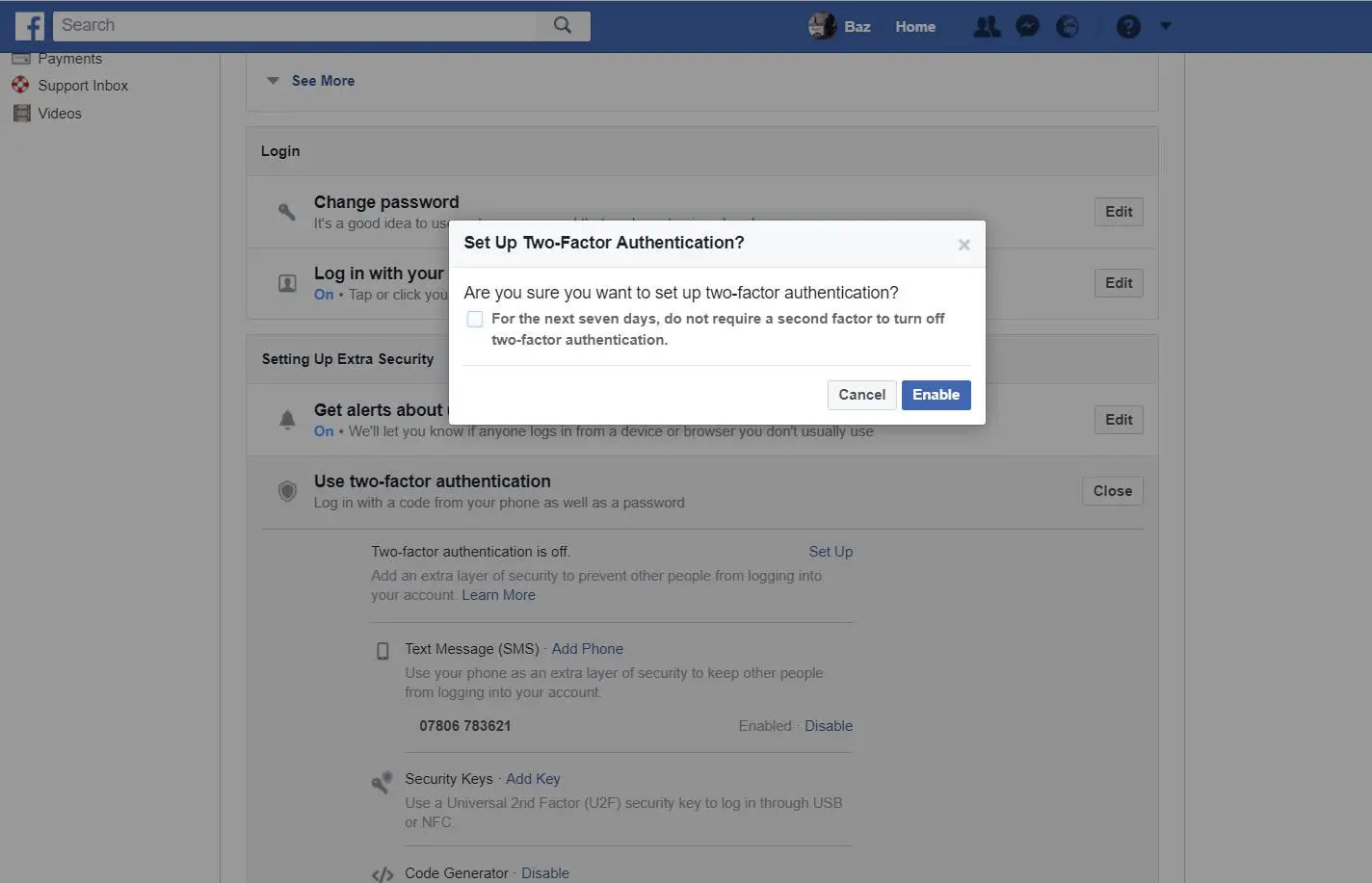 Facebook settings - setup two-factor authentication