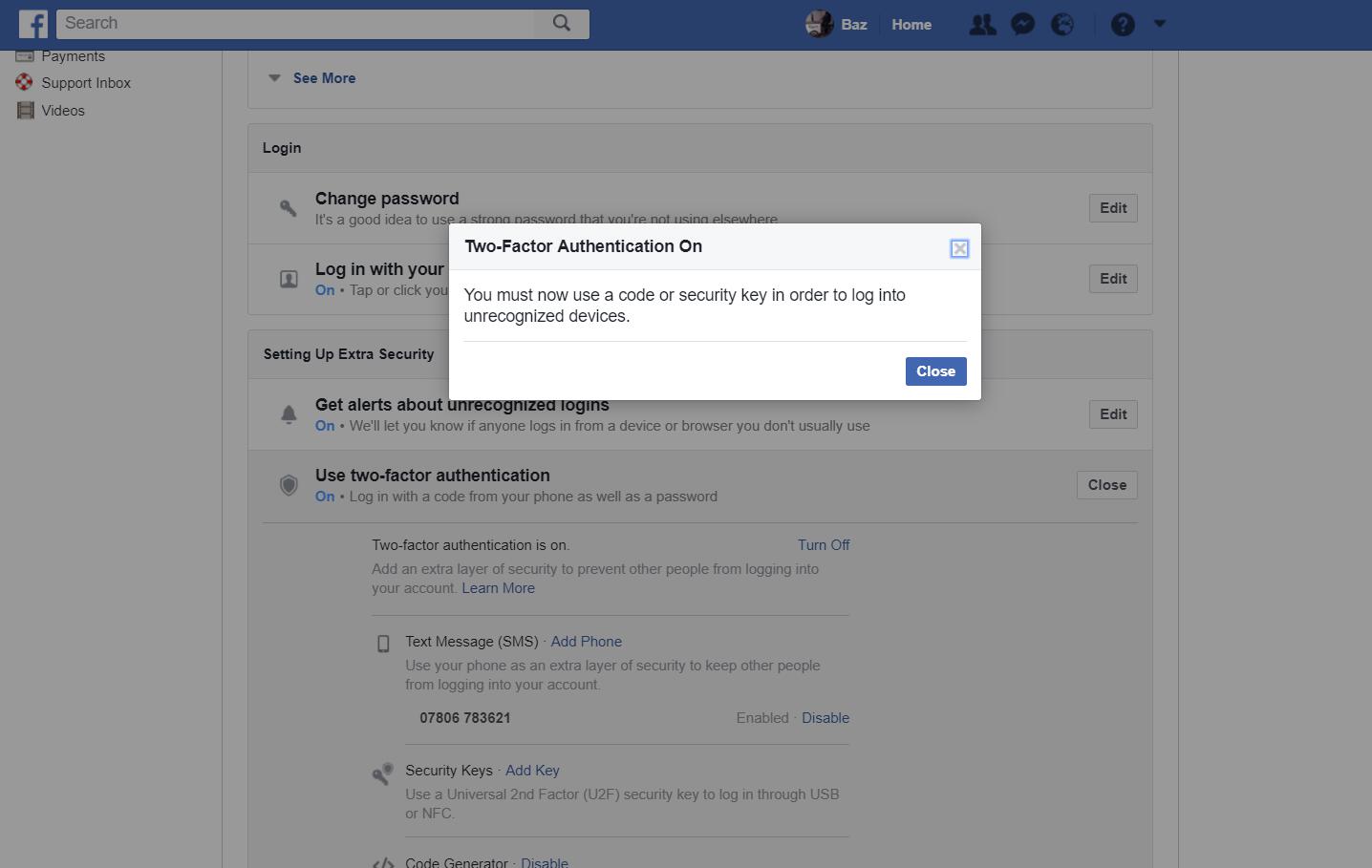 Facebook settings - two-factor authentication enabled