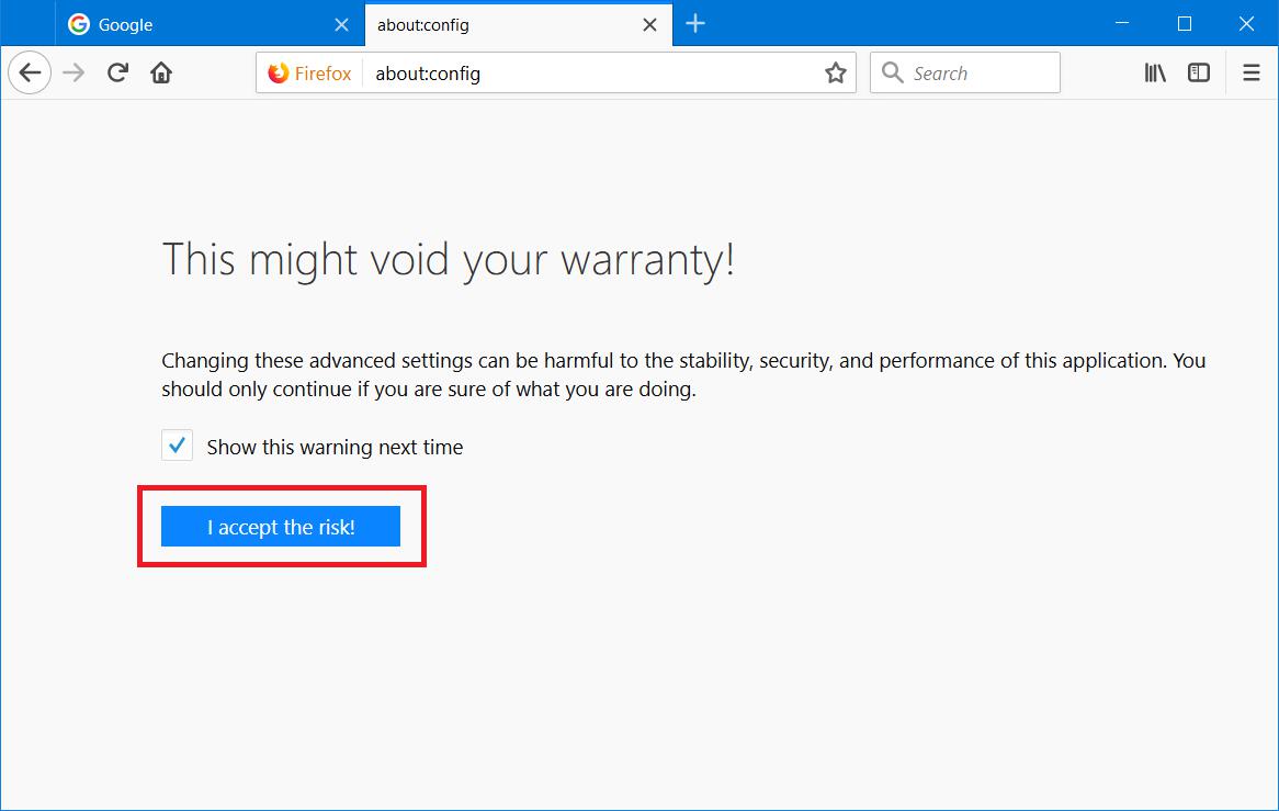 Firefox config warning