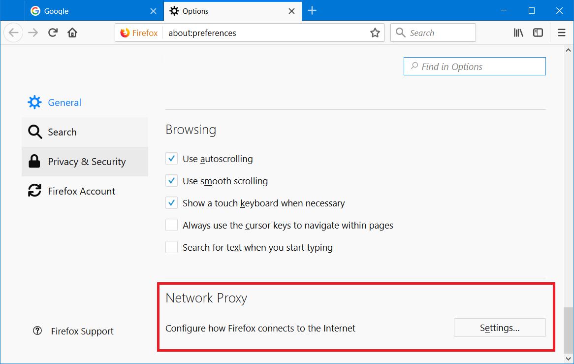 Firefox network proxy section