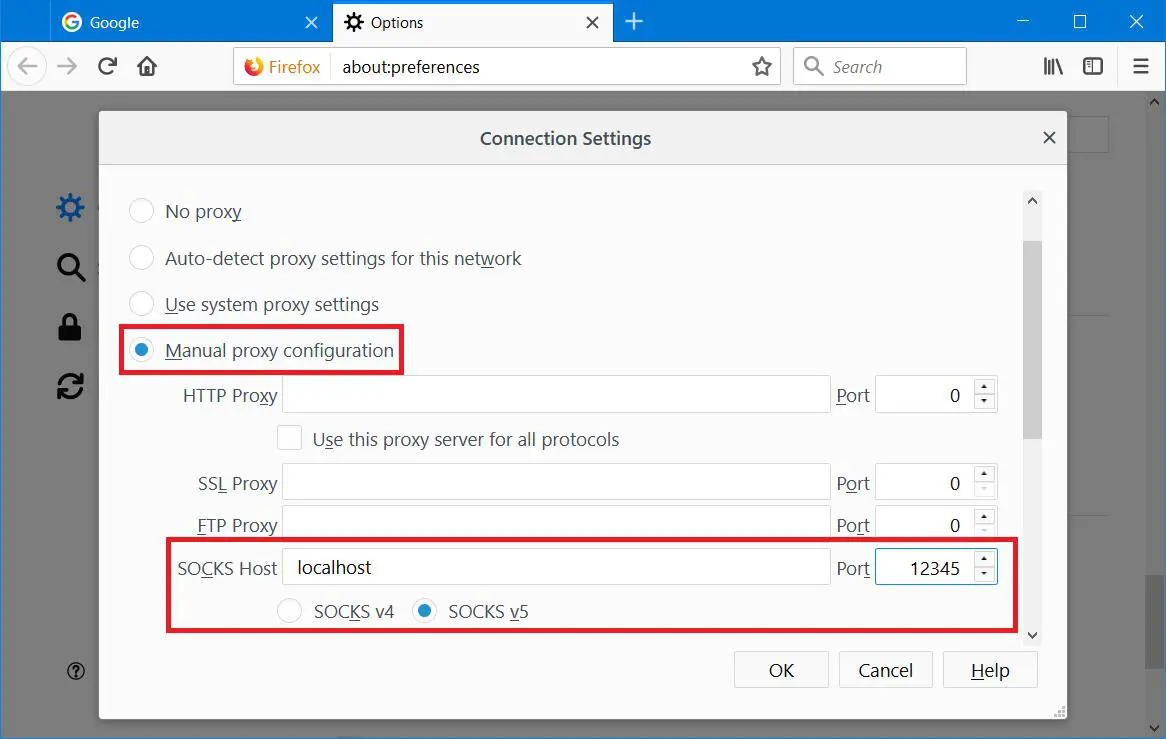 Firefox proxy connection settings