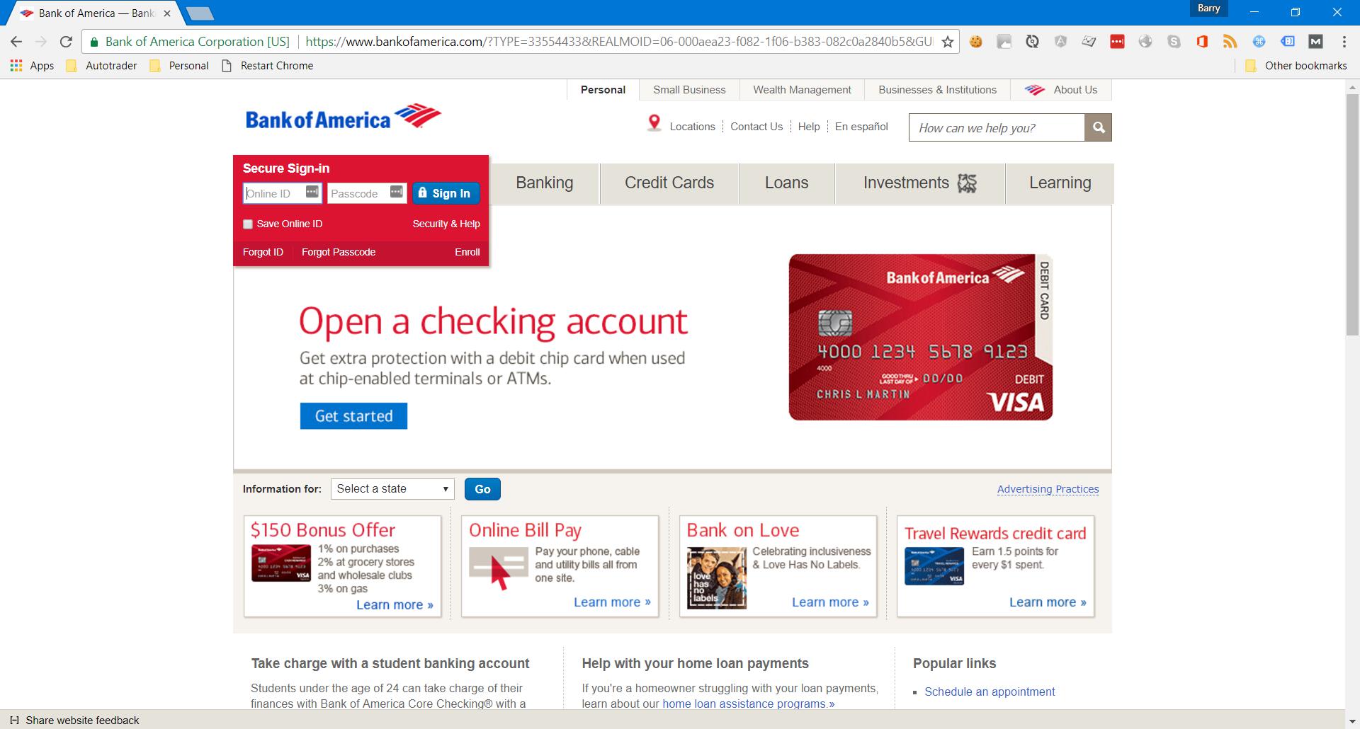 Genuine Bank of America website