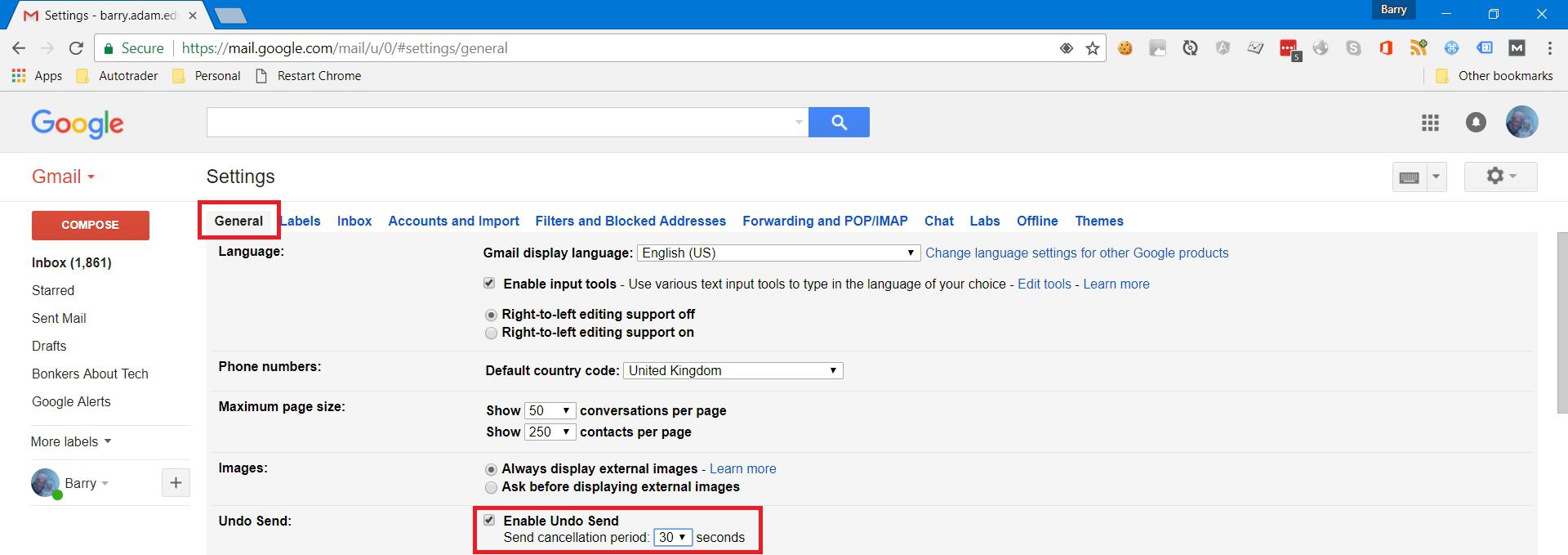 Enable undo send email in the Gmail general tab