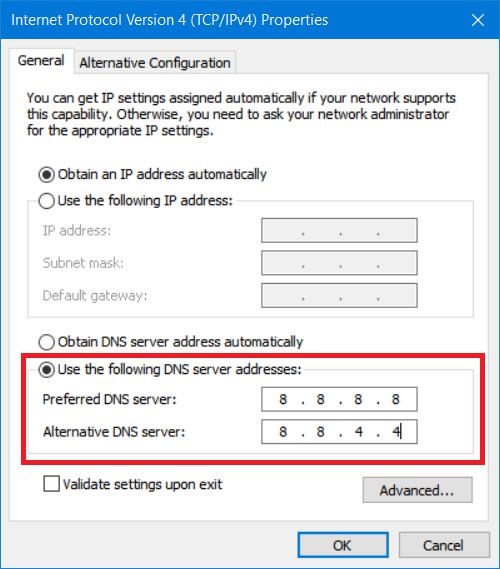 IPV4 properties - DNS server addresses