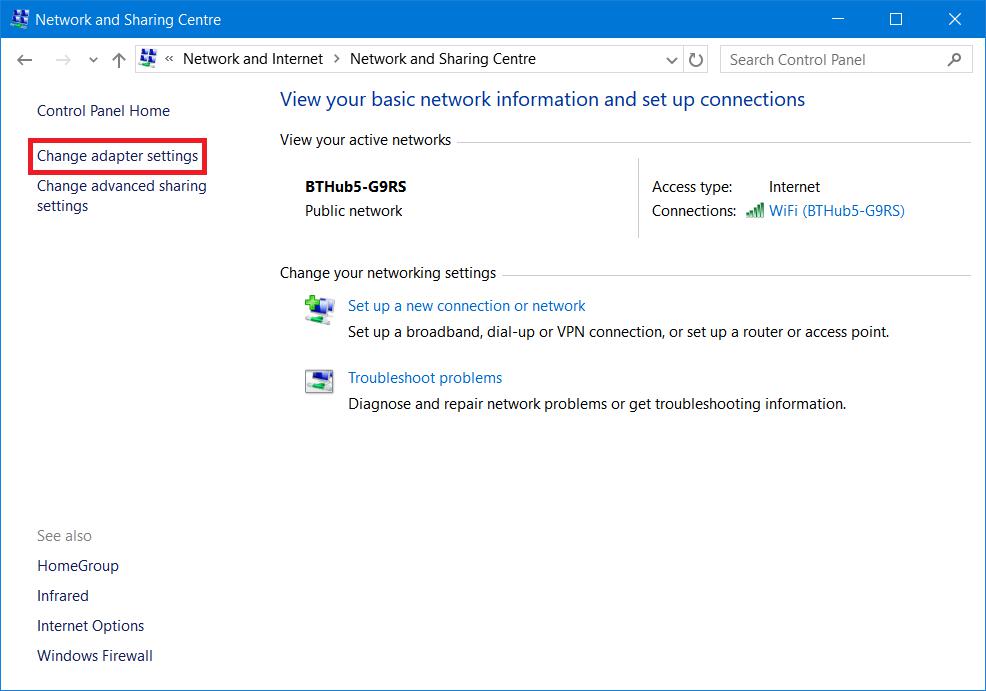 Network and sharing centre - change adapter settings