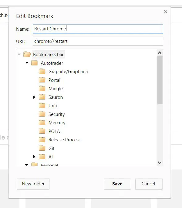 Create Restart Chrome Bookmark In Google Chrome