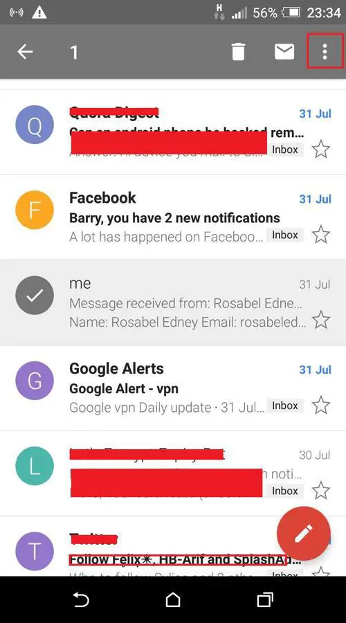 Long press email in Gmail
