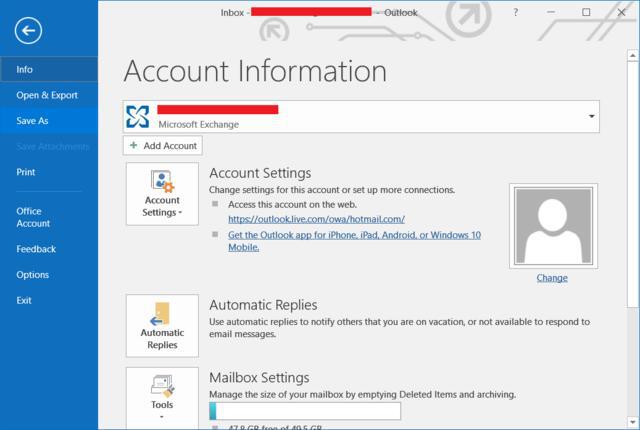 Outlook account information page