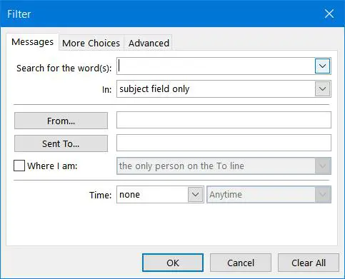 Outlook export filters