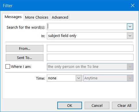 Outlook export filters