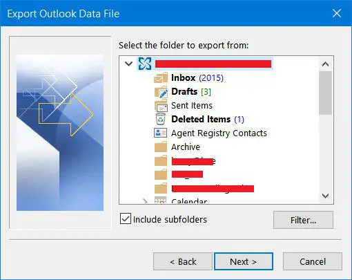 Outlook folders to export