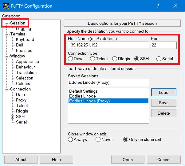 PuTTY session configuration