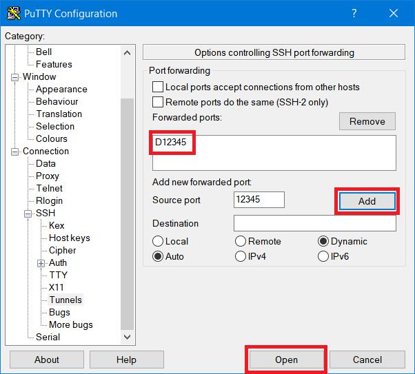 PuTTY SSH tunnels with added port