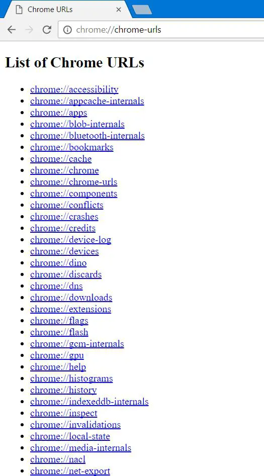 List Of Chrome URLs In Chrome