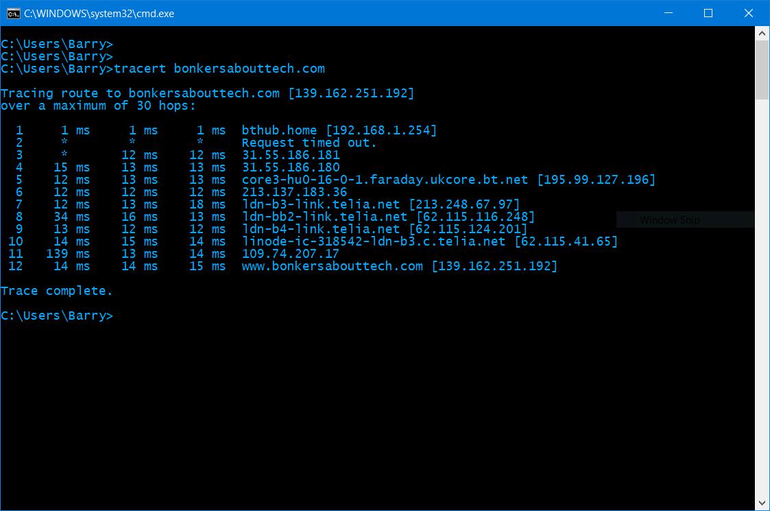 Traceroute command prompt output for bonkersabouttech.com