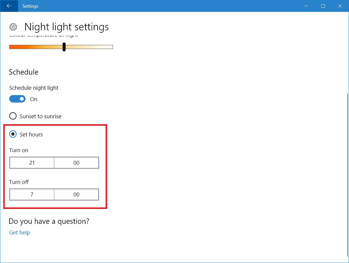 Windows 10 Night Light Set Hours