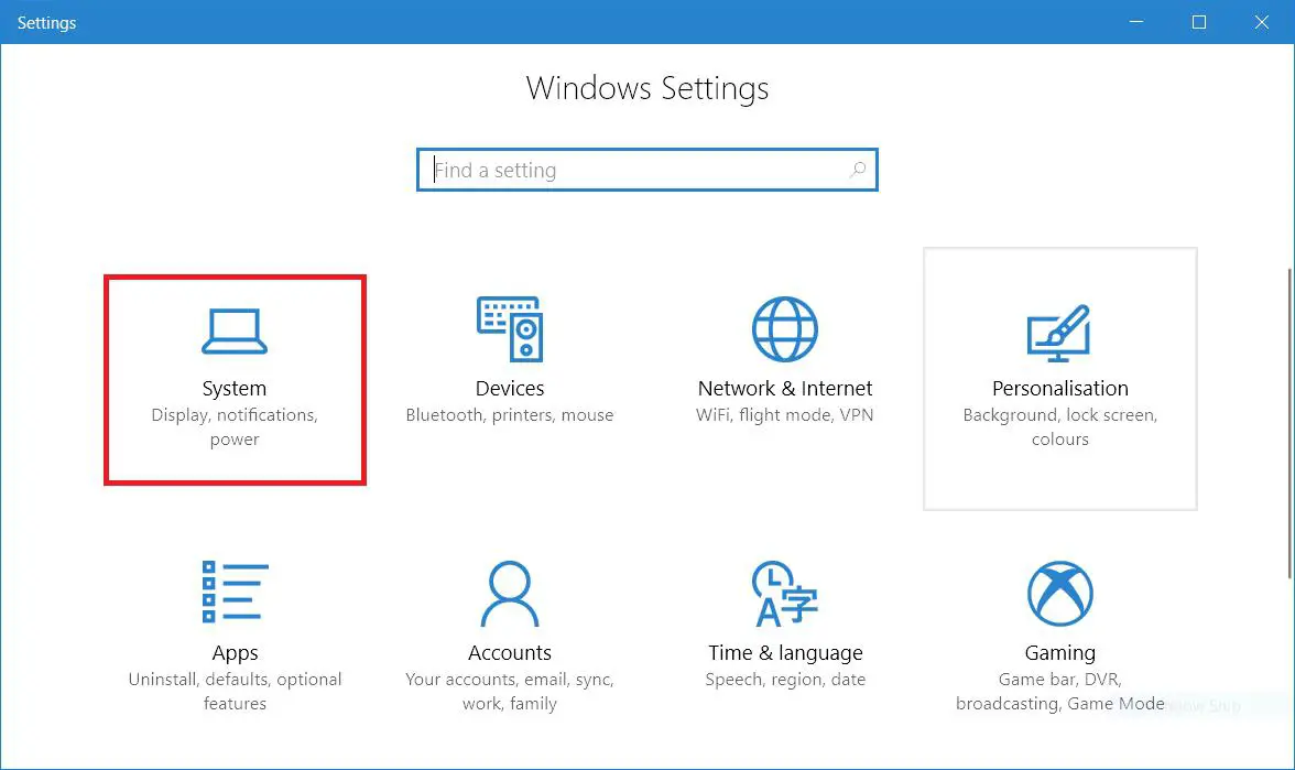 Windows 10 Settings System Button