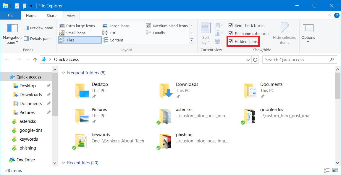 Hidden items checkbox Windows Explorer