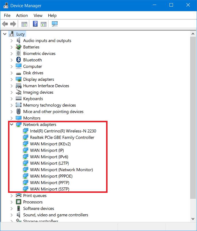 Windows 10 device manager network adapters.