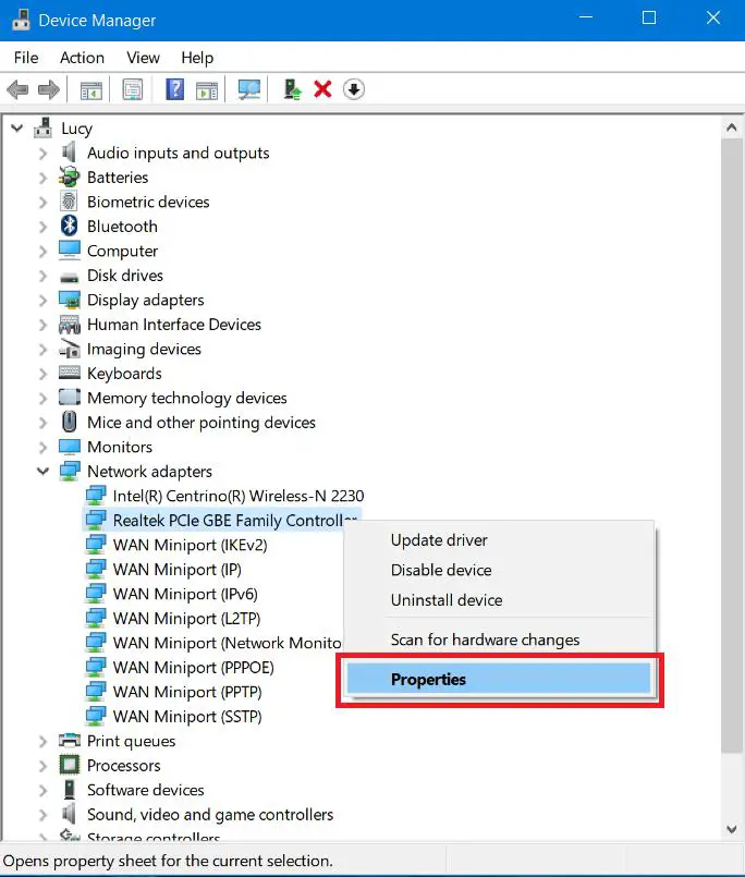Device manager properties context menu