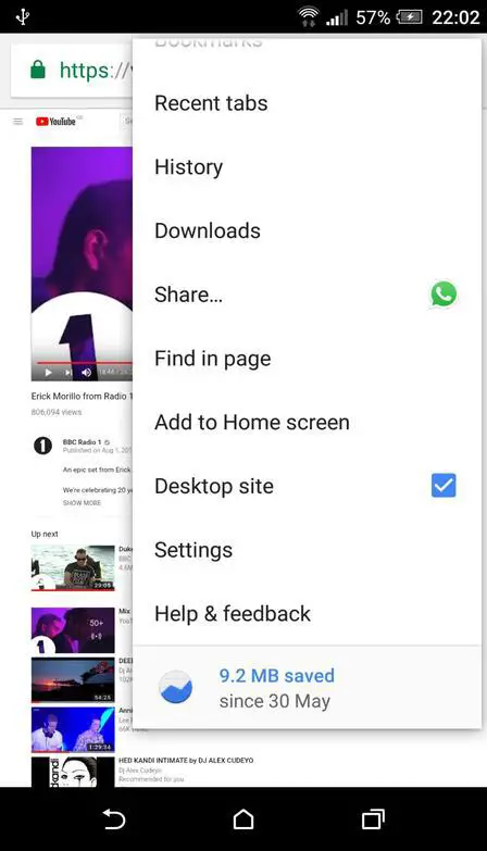 YouTube mobile app desktop checkbox